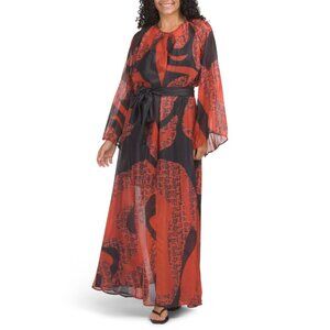 NANCY YANG Red/black Pleated Long Sleeve Gown